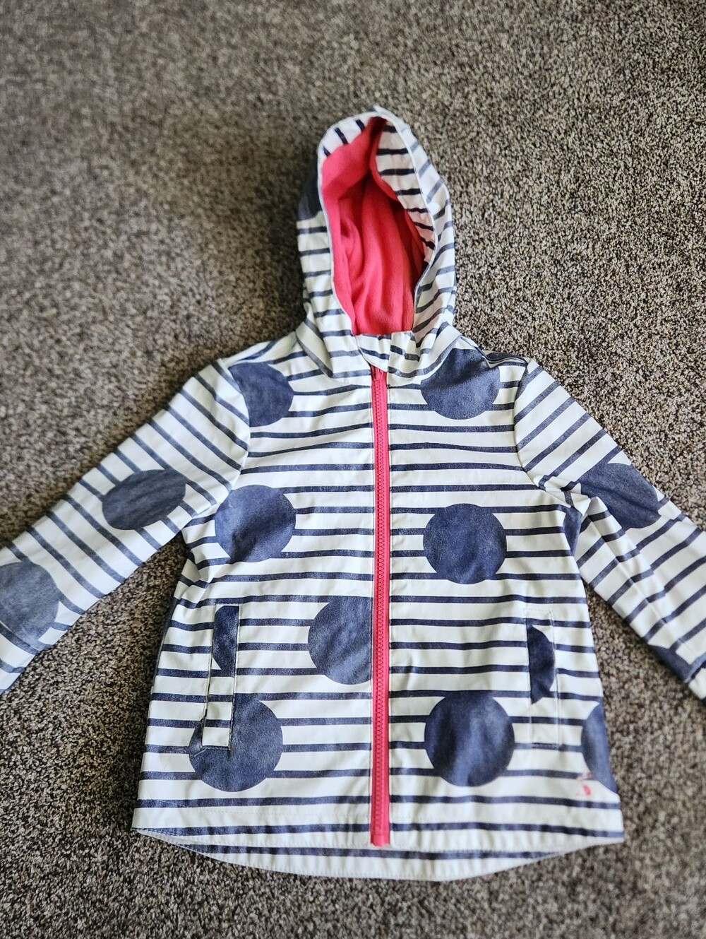 Joules Right As Rain Girls Hooded Lined Full Zip Rain Coat Blue Spot Striped 3T